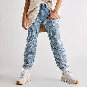 Free People Ragged Priest Women 27 Gaze Jeans Tapered Button Fly Frayed Denim